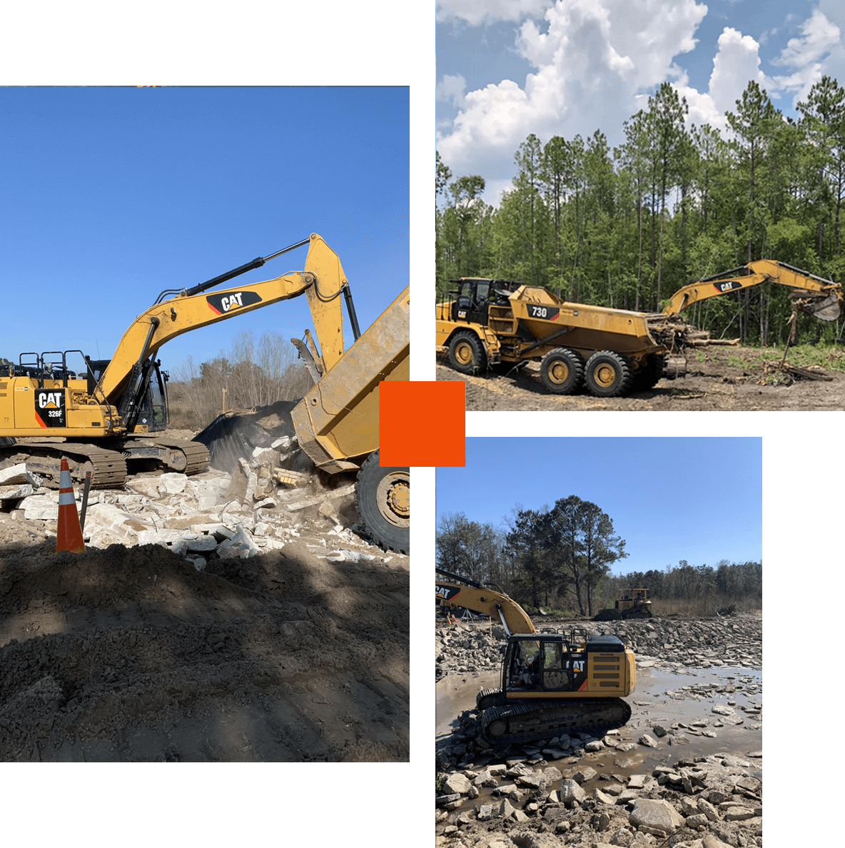 A collage of three pictures with construction equipment.