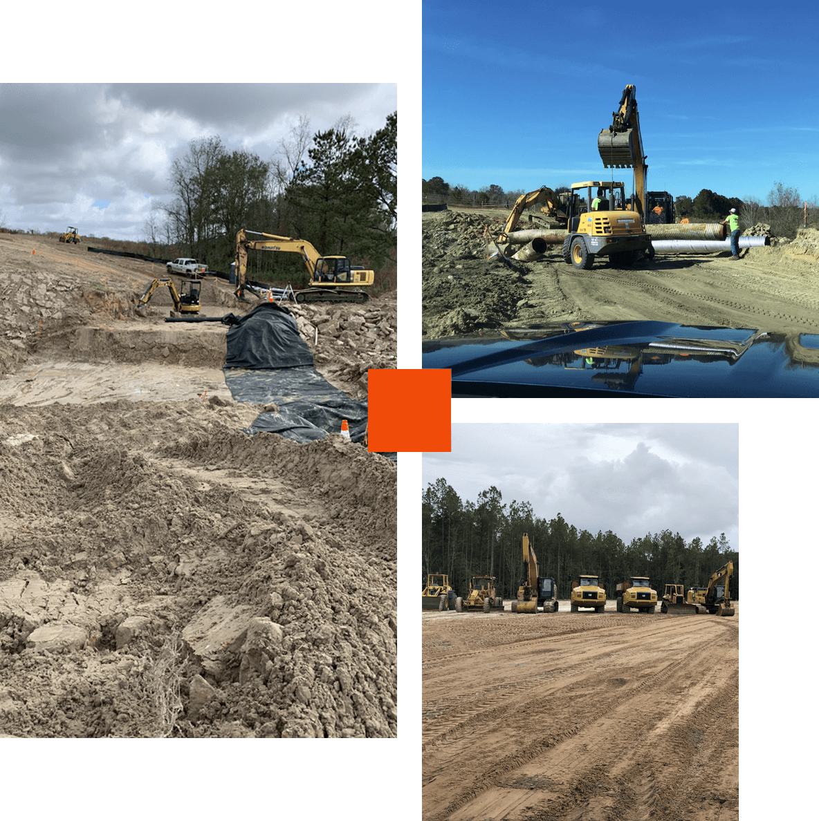 A collage of pictures with construction equipment in the background.